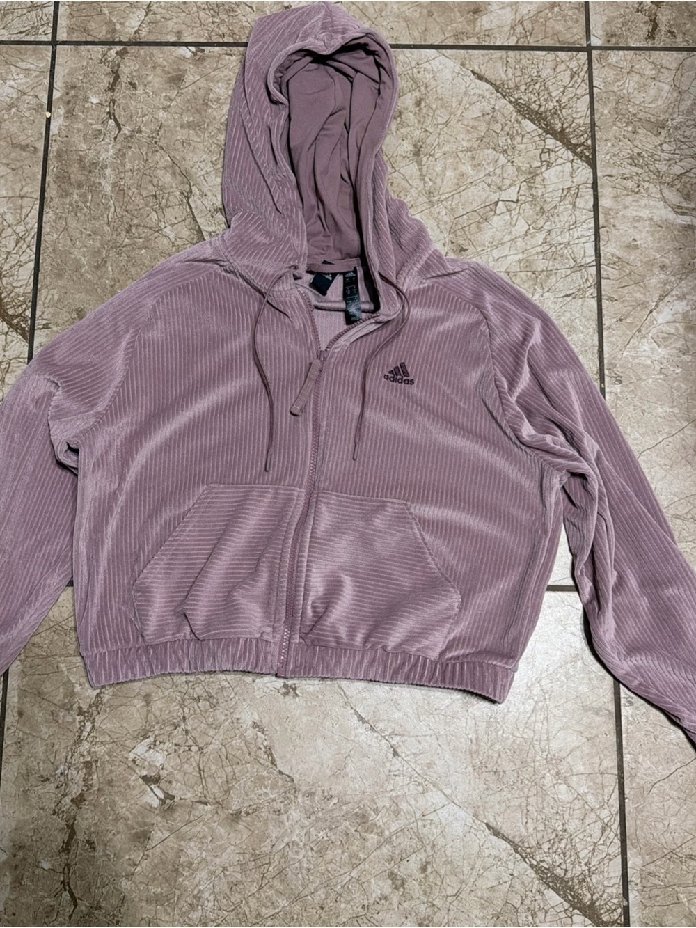Adidas Dusty Rose Ribbed Zip Crop Hoodie